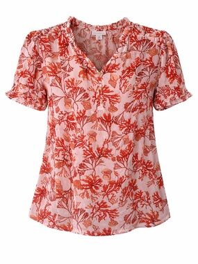 Liz Claiborne Costal Chic Coral Reef Short Sleeve Blouse in Orange-Red slit neck
